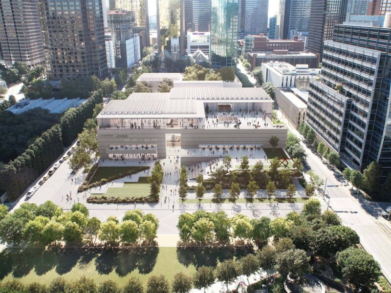 Aerial render of David Chipperfield Architects' design, a low horizontal building with a landscaped plaza and colonnade, set within the Dallas Arts District