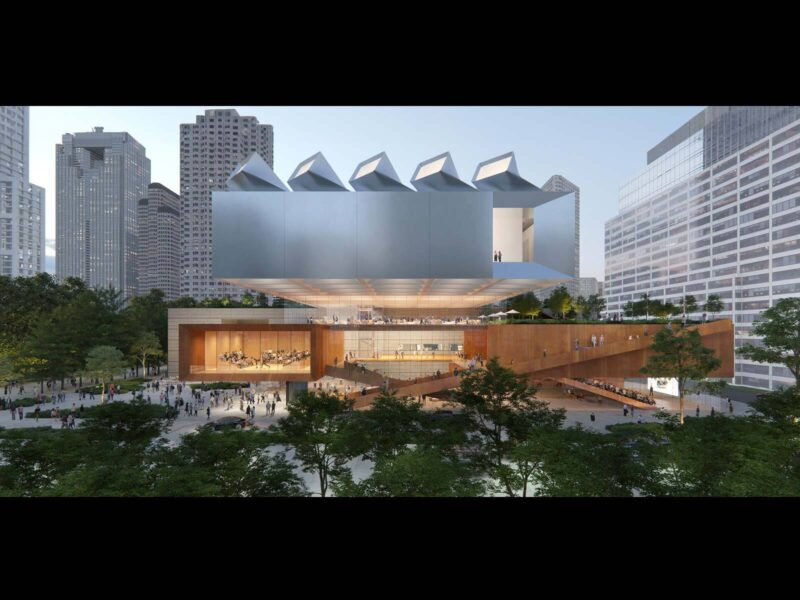 Dusk render of Diller Scofidio + Renfro's design, an elevated angular volume with folded rooftop skylights cantilevered over an illuminated ground-floor pavilion