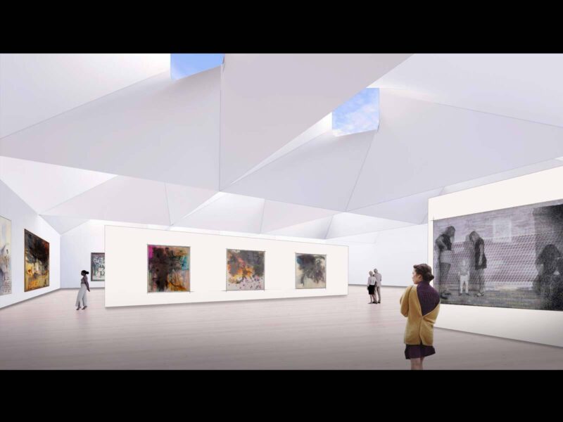 Render of a gallery interior with an angular folded ceiling and skylights, visitors viewing paintings and photographic artworks on the walls