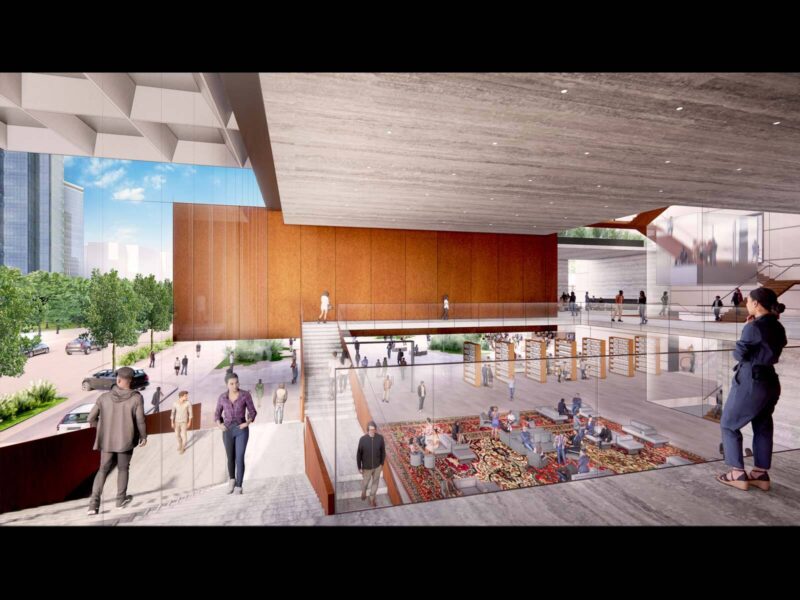 Render of a multi-level interior with a corten-clad staircase, glazed reading room with a patterned rug, and visitors moving between levels beside a street-facing glass wall