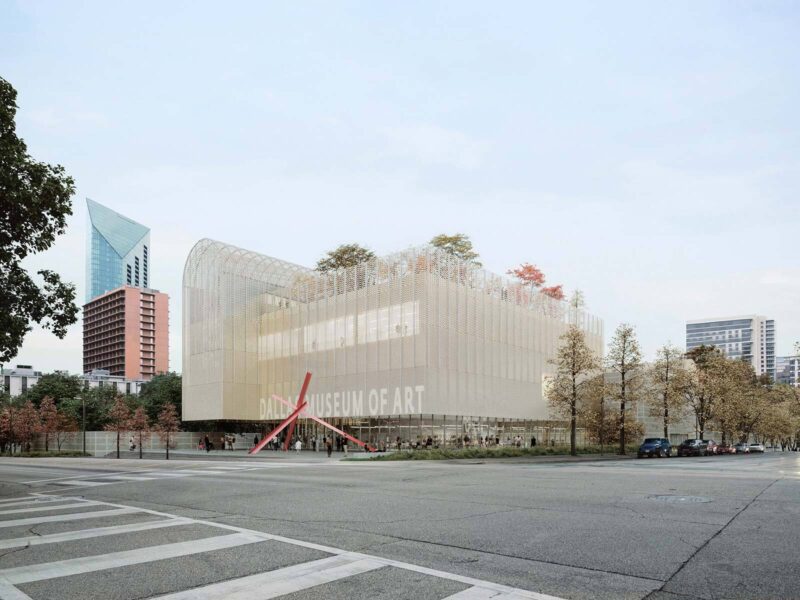 Street-level render of Johnston Marklee's design, its perforated screen facade wrapping the building with a rooftop garden visible above the DALLAS MUSEUM OF ART lettering