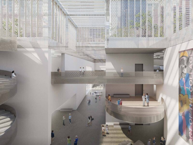 Render of a multi-level atrium interior with sweeping perforated-metal balconies, spiral stairs and visitors moving between levels