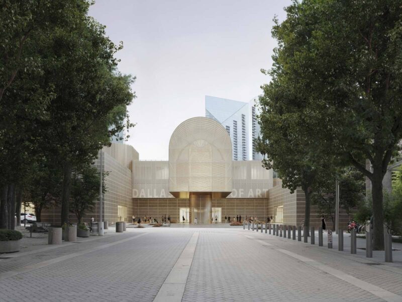 Symmetrical render of the museum's arched entrance facade at dusk, viewed down a tree-lined pedestrian approach