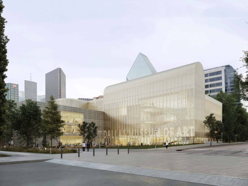 Render of the perforated facade and illuminated entrance of the museum at dusk, with the Dallas skyline and pedestrians in the foreground