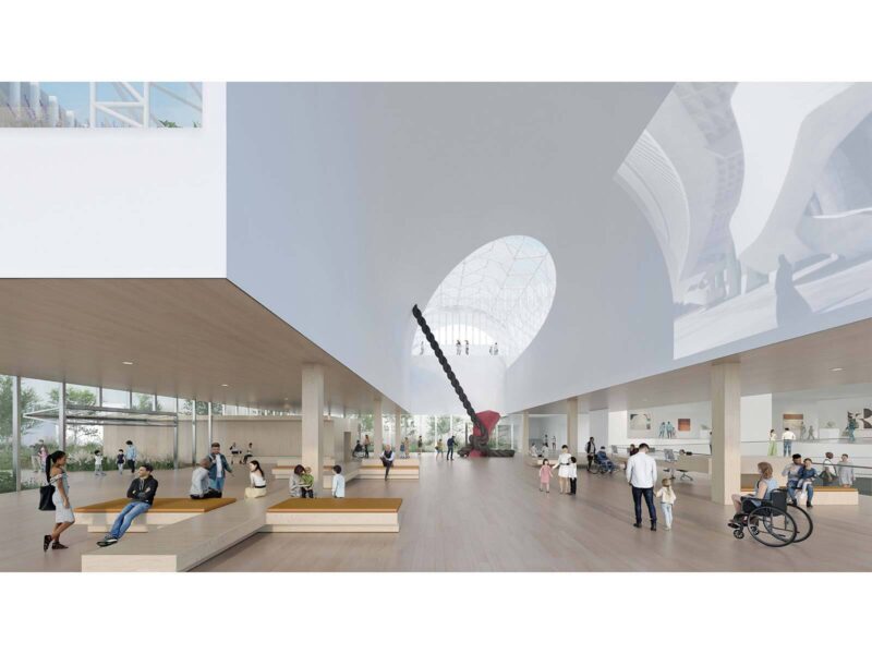 Render of a light-filled atrium interior with a suspended red sculptural artwork beneath an oculus, visitors including a wheelchair user moving through the space