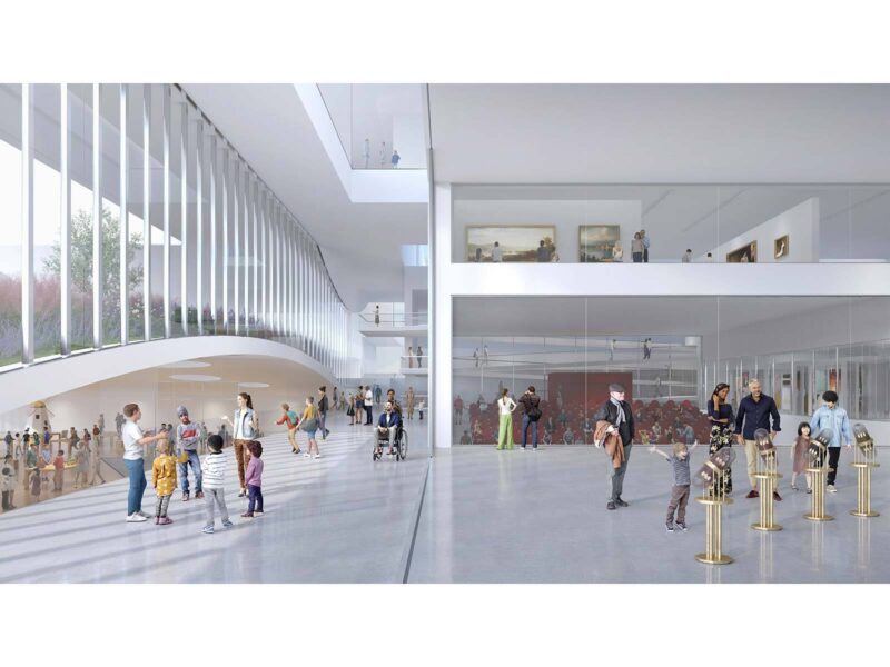 Render of a double-height gallery lobby with a curved glazed facade, visitors including a wheelchair user, and artworks displayed on the upper level