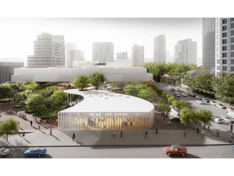 Street-level render of the undulating white canopy roof and glazed pavilion entrance, with pedestrians, trees and traffic along the surrounding streets
