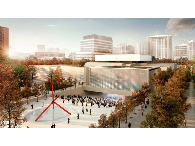 Render of a crowd gathered at dusk for an outdoor event beneath the perforated facade, with a red sculptural installation in the foreground plaza