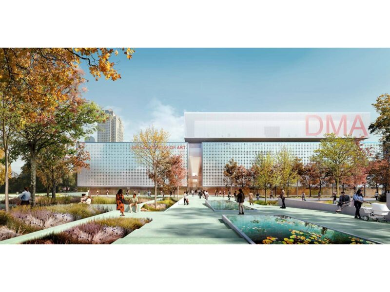 Render of the museum's perforated metal facade and entrance plaza with reflecting pools, gardens and visitors, the DMA logo illuminated on the building
