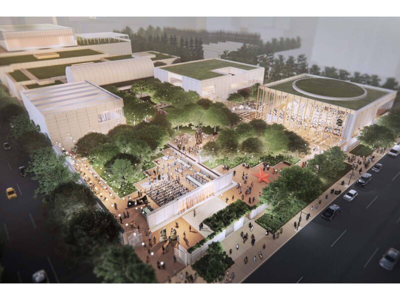 Night aerial render of Weiss/Manfredi's design, with a green rooftop terrace over an illuminated glass pavilion and a crowded landscaped plaza below