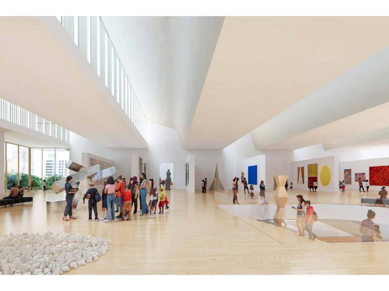 Render of a soaring white gallery interior with angled ceiling planes, visitors viewing sculptures and colorful paintings on the walls