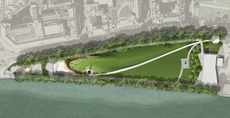 Adjaye Associates and Ron Arad Architects concept render: aerial plan of the memorial's stepped descending entrance and lawn layout within Victoria Tower Gardens