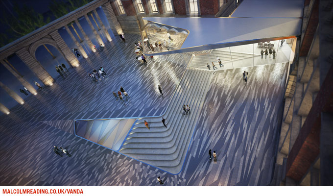 Amanda Levete Architects concept render: night view of the new courtyard entrance beneath a folded glass and steel canopy