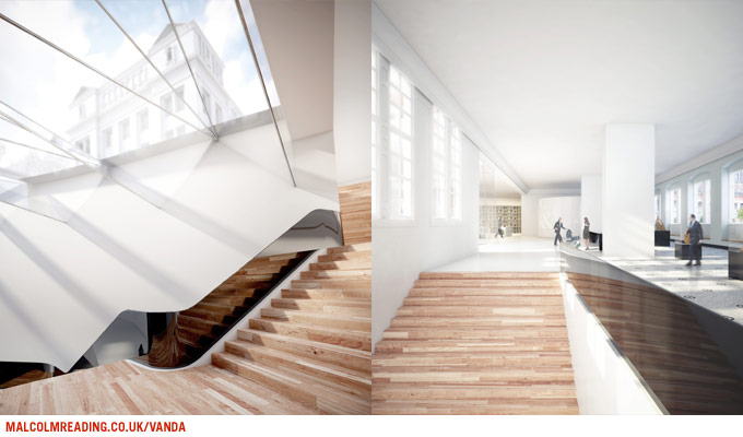 Amanda Levete Architects concept render: split view of a glazed stairwell beside a corridor with timber flooring