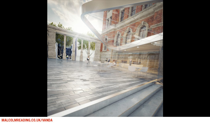 Amanda Levete Architects concept render: the courtyard's glass canopy against Aston Webb's brick and stone facade