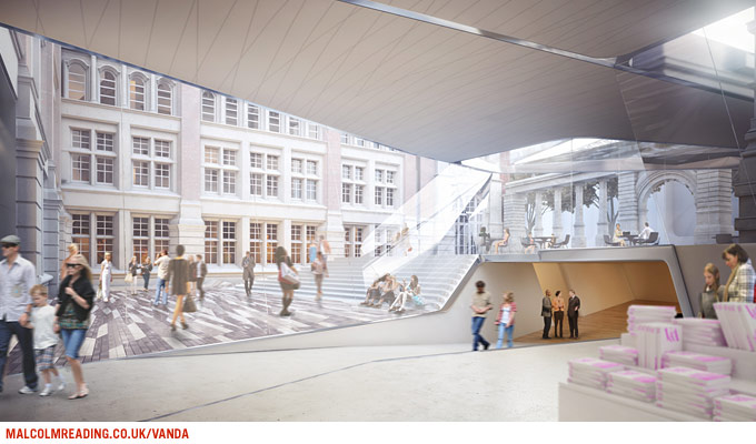 Amanda Levete Architects concept render: visitors crossing the courtyard beneath the folded canopy roof, with Exhibition Road beyond