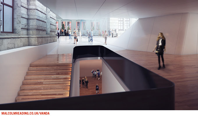 Amanda Levete Architects concept render: looking down a staircase into an underground gallery visible through a glazed void