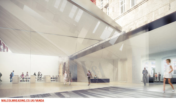 Amanda Levete Architects concept render: the courtyard glass canopy beside the V&A shop entrance