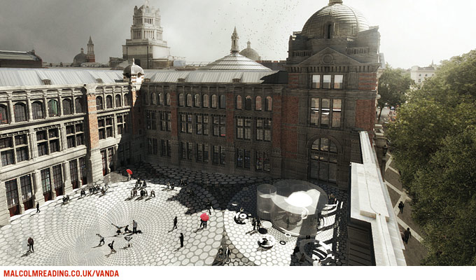 heneghan.peng.architects concept render: aerial view of the new courtyard with rippled circular paving and glass roof lights