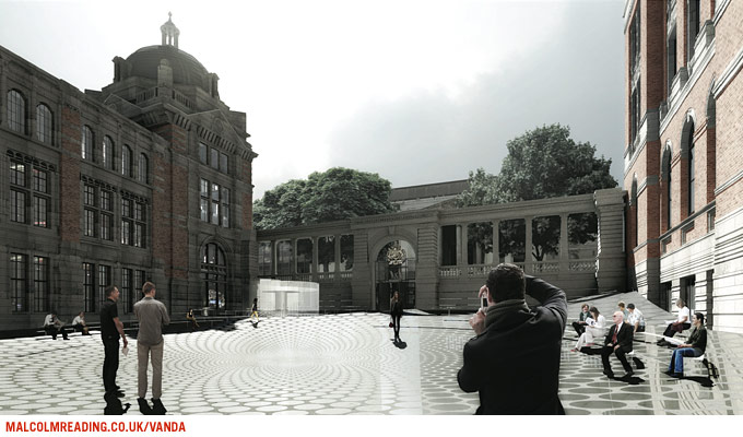 heneghan.peng.architects concept render: ground-level view of the courtyard's rippled paving, with visitors and photographers