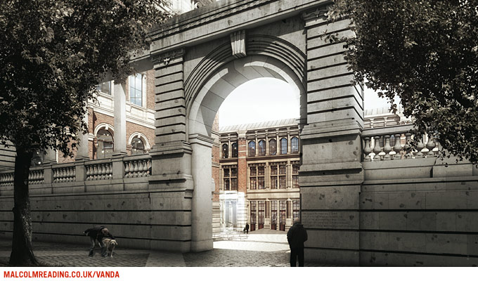 heneghan.peng.architects concept render: view through Aston Webb's stone archway towards the new courtyard entrance