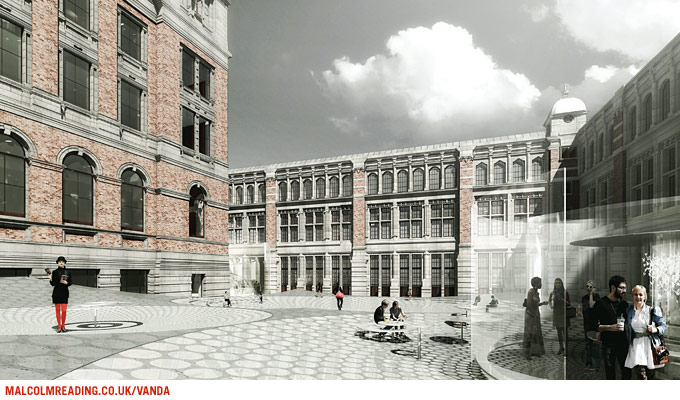 heneghan.peng.architects concept render: visitors relaxing in the courtyard beside the museum's brick and stone facade