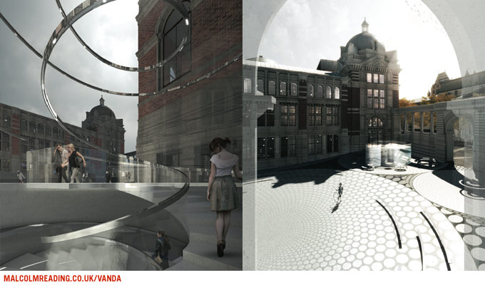 heneghan.peng.architects concept render: split view of a glass balustrade and spiral ramp beside an aerial view of the rippled courtyard paving