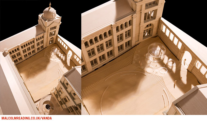 heneghan.peng.architects concept model: physical study model of the courtyard showing its circular ripple paving pattern and glass roof lights