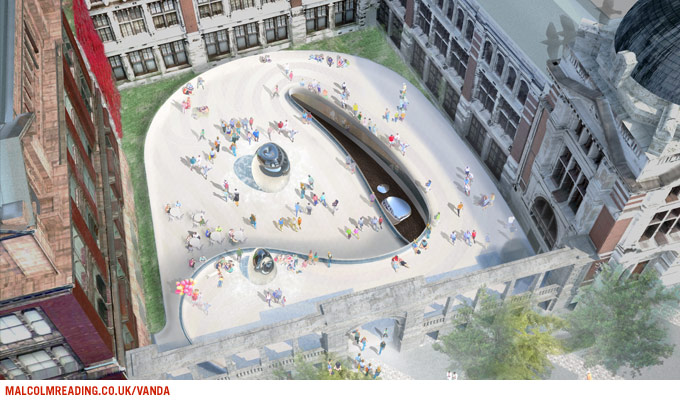 Jun Aoki & Associates concept render: aerial view of the oval courtyard with a curved, dark reflective pavilion running through it