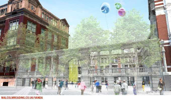 Jun Aoki & Associates concept illustration: transparent overlay of the museum's courtyard facade with balloons floating above