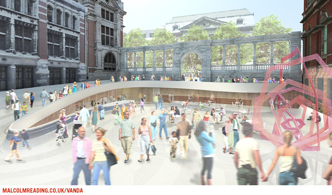 Jun Aoki & Associates concept render: the courtyard with a curved timber-clad bench and counter, Aston Webb's arched stone screen beyond