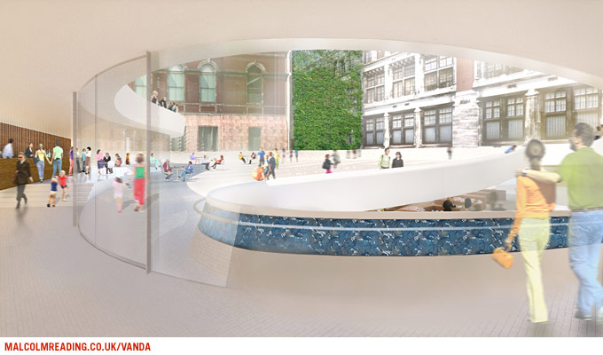 Jun Aoki & Associates concept render: interior view through a curved glass balustrade looking out to the courtyard and Exhibition Road