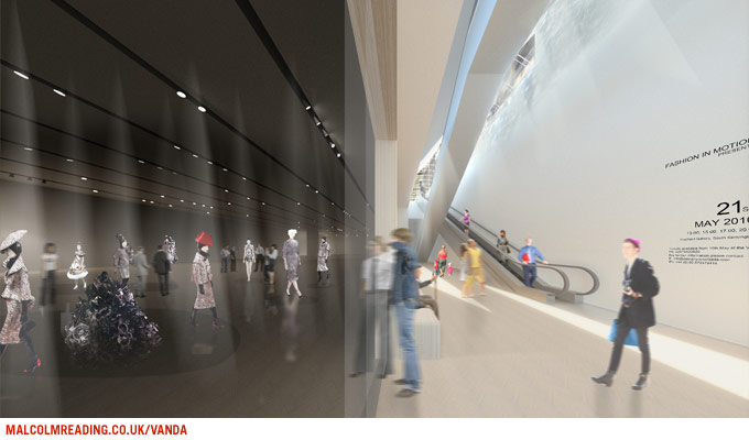 Jun Aoki & Associates concept render: an underground gallery displaying fashion exhibits beside an escalator, with 'Fashion in Motion' signage
