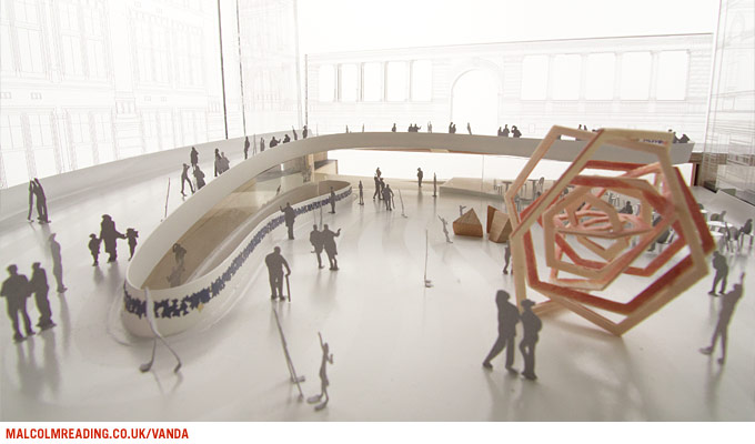 Jun Aoki & Associates concept model: study model of the curved pavilion form with a hexagonal timber sculpture installation in the courtyard
