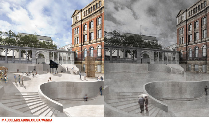 Jamie Fobert Architects concept render: split day and rainy-weather views of a sunken, curved amphitheatre-style courtyard