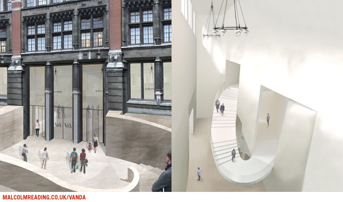 Jamie Fobert Architects concept render: split view of the glazed V&A shop entrance beside a spiral stairwell with a chandelier