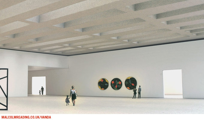 Jamie Fobert Architects concept render: a white gallery space with a coffered ceiling and colourful sculptural roundels on the wall