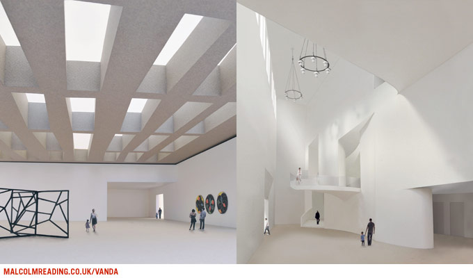Jamie Fobert Architects concept render: split view of a skylit coffered gallery ceiling beside an angular stairwell with hanging light fixtures