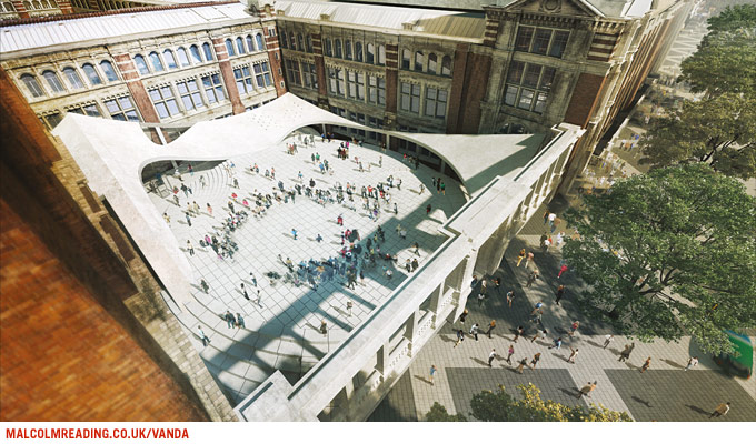 Michael Maltzan Architecture concept render: aerial daytime view of the undulating, scalloped canopy roof over the courtyard
