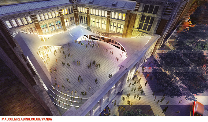 Michael Maltzan Architecture concept render: the illuminated scalloped canopy roof over the courtyard at night