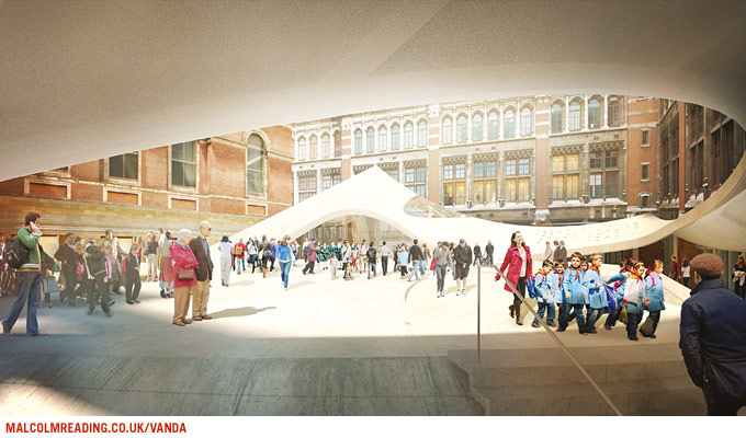 Michael Maltzan Architecture concept render: schoolchildren and visitors beneath the canopy, looking towards Aston Webb's stone screen