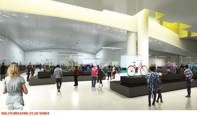 Michael Maltzan Architecture concept render: an underground gallery displaying bicycles on illuminated plinths