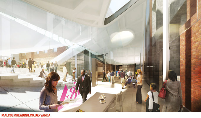Michael Maltzan Architecture concept render: a curved white corridor and atrium beside the museum's brick facade