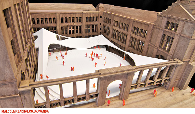 Michael Maltzan Architecture concept model: physical study model showing the scalloped canopy roof form within the courtyard