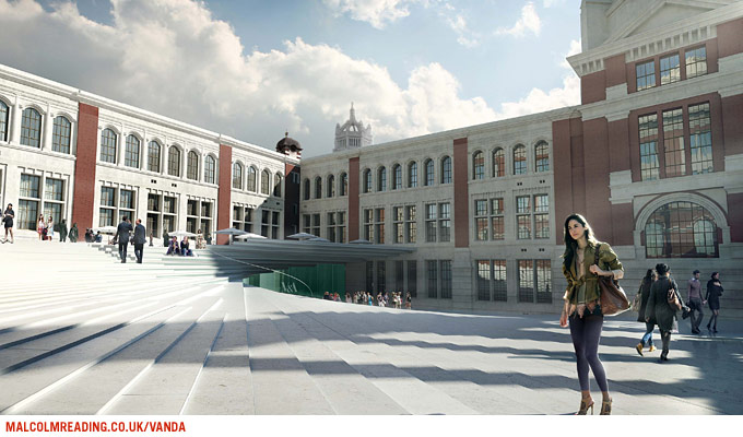 Sn&oslash;hetta & Hoskins concept render: visitors crossing the courtyard's broad steps beside the museum's brick and stone facade