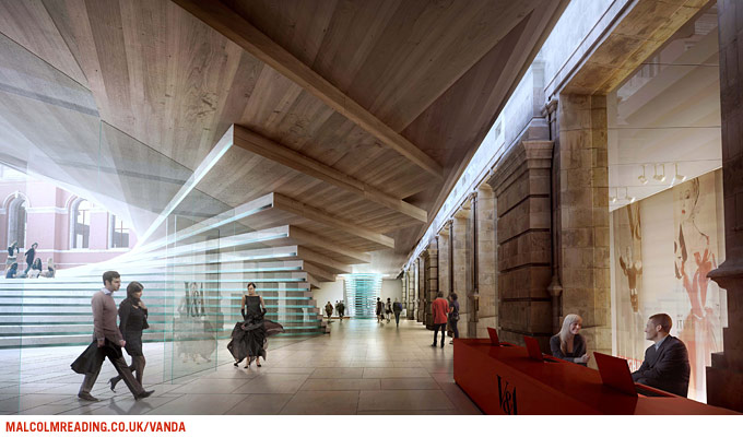 Sn&oslash;hetta & Hoskins concept render: a timber-lined gallery corridor with angled skylights beside a red reception desk