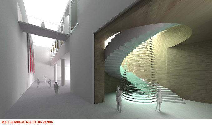 Sn&oslash;hetta & Hoskins concept render: a spiral glass and timber staircase descending through an underground gallery void