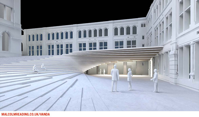 Sn&oslash;hetta & Hoskins concept render: night view of the courtyard beneath a fanned canopy roof, with visitors gathering