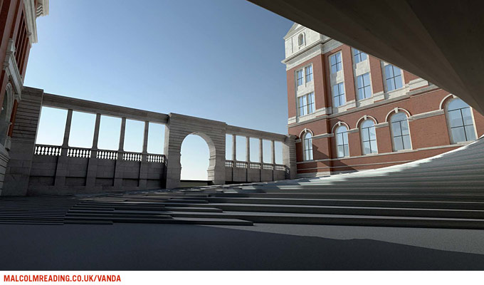 Sn&oslash;hetta & Hoskins concept render: the courtyard's colonnade and archway beneath a canopy edge, seen against a clear sky