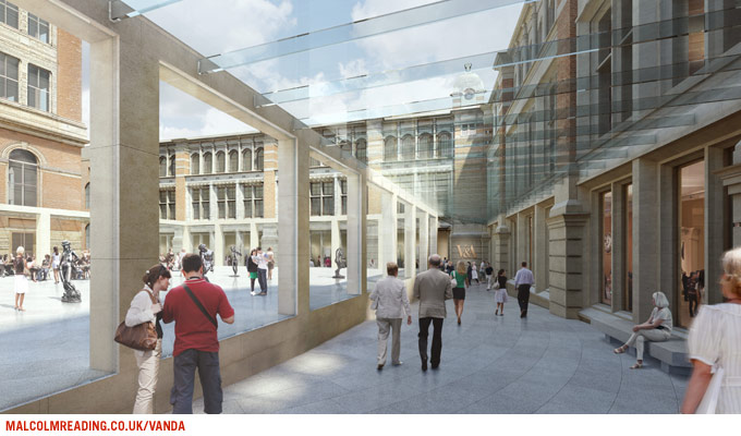 Tony Fretton Architects concept render: visitors in a glazed colonnade walkway around the courtyard, with sculptures visible through the glass